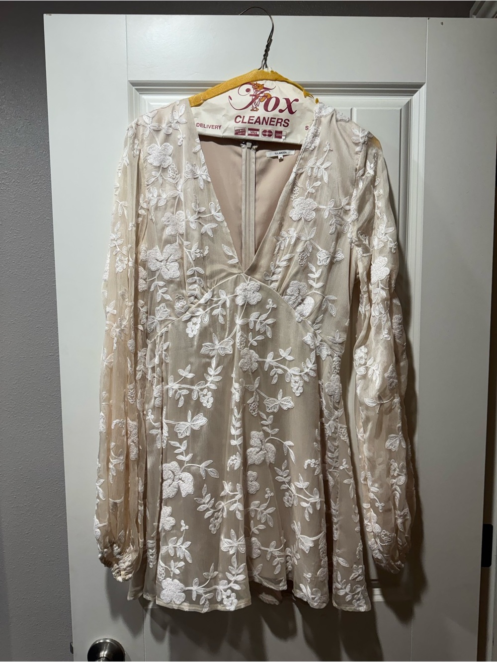 Tularosa Cream Sheer Embroidered Long Sleeve Mini Dress